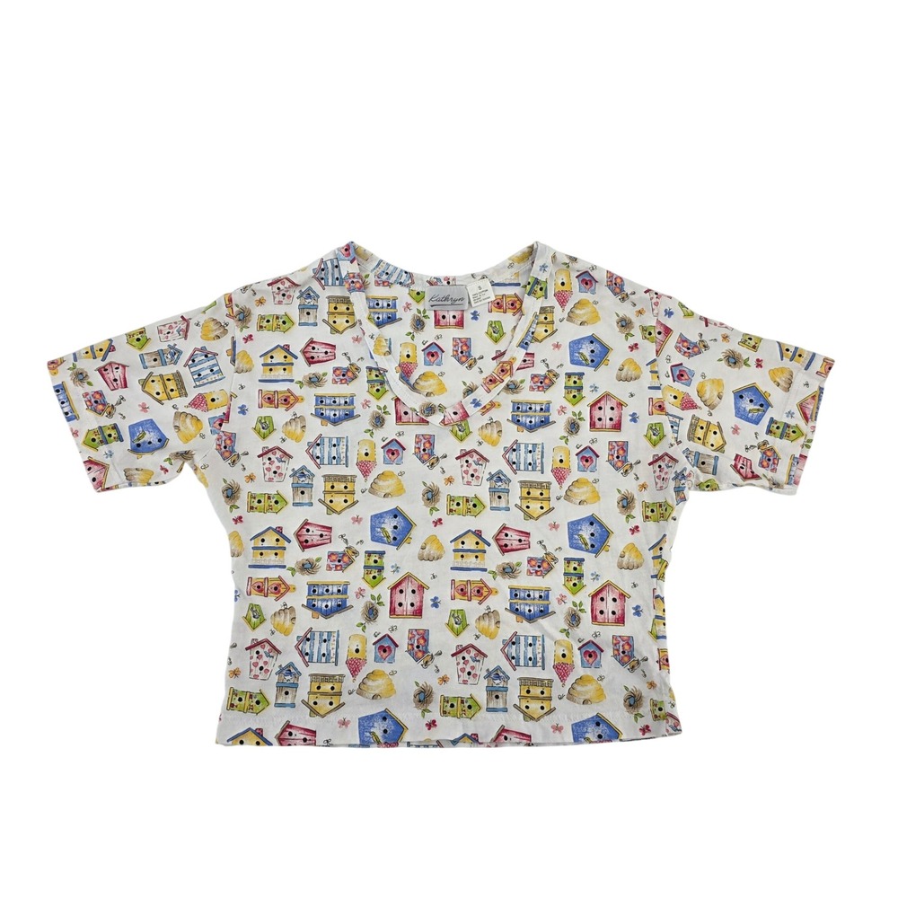 Kathryn Vintage Birdhouse Print V-Neck Short Sleeve Cotton Top White Small